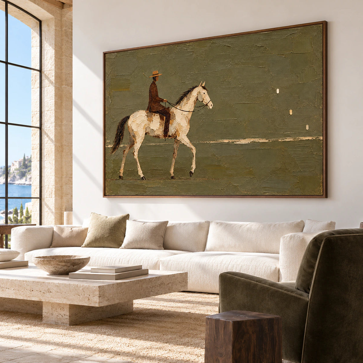 Large horizontal painting of a rider on a cream horse displayed prominently in an expansive loft lounge with tall windows and restrained furnishings.