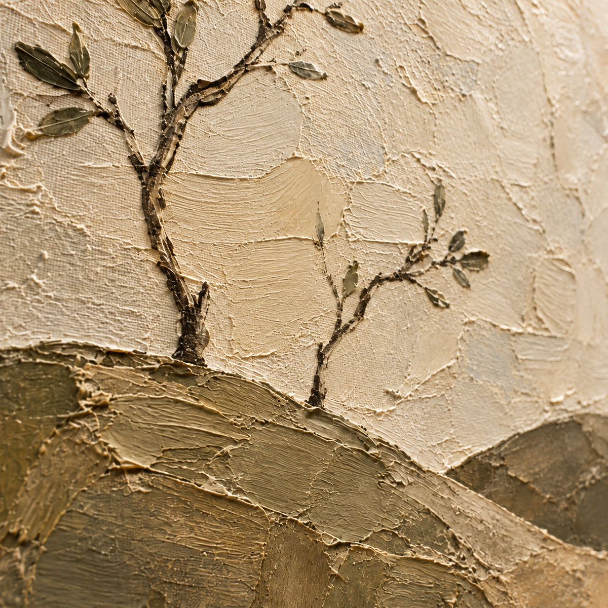 Olive-Contour oil painting brushwork and impasto detail photographed from an oblique side angle
