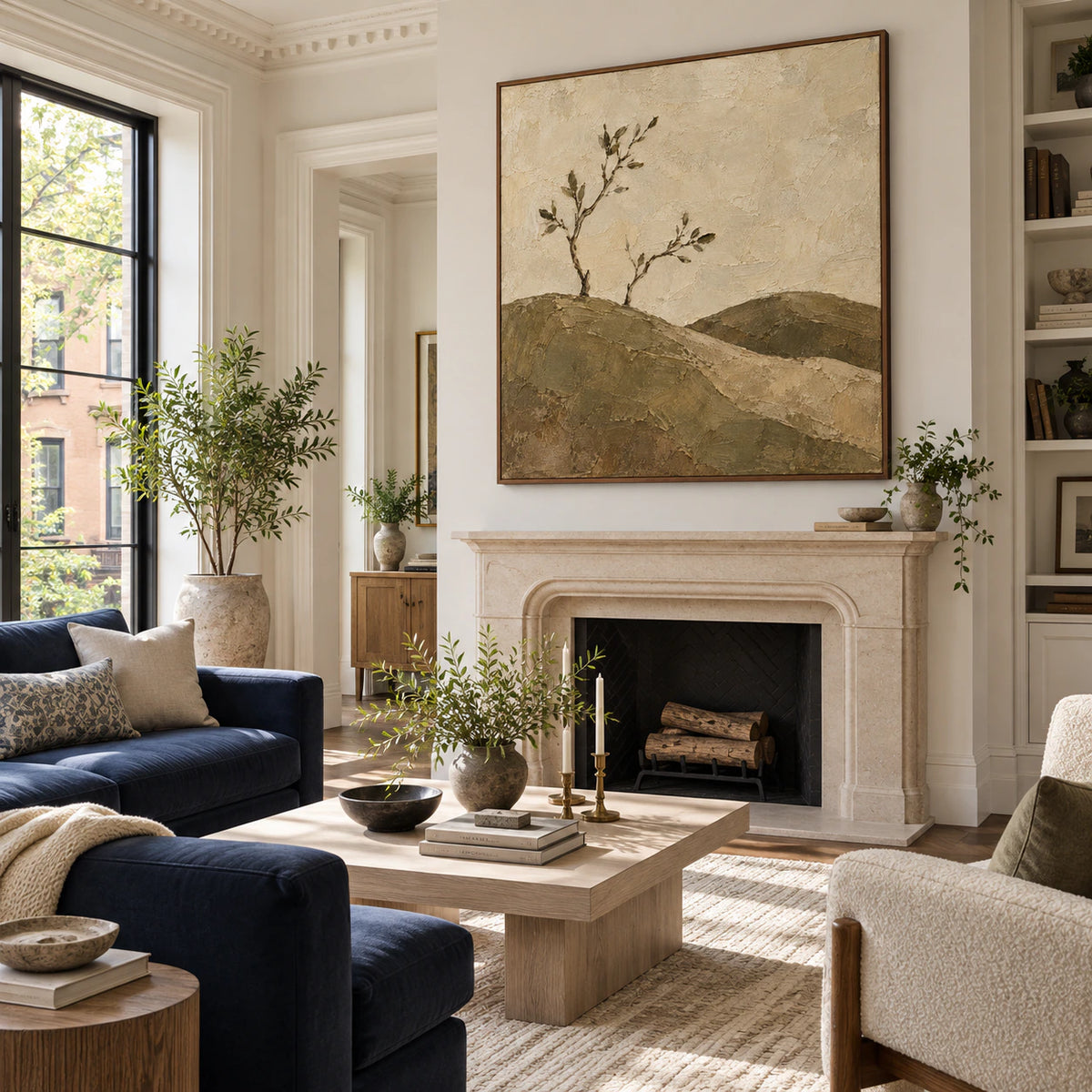 Square olive and ivory abstract landscape painting above a bright living room sofa.