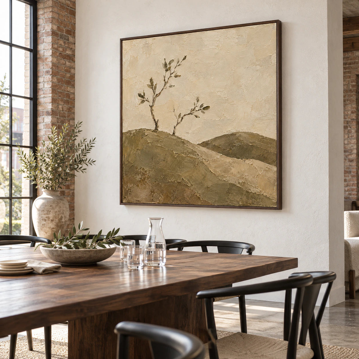 Textured square landscape painting in a refined daylight-filled dining room.