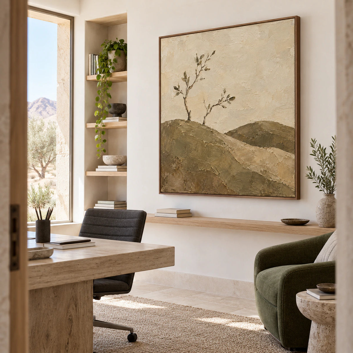 Square textured landscape painting in an airy home office reading space.