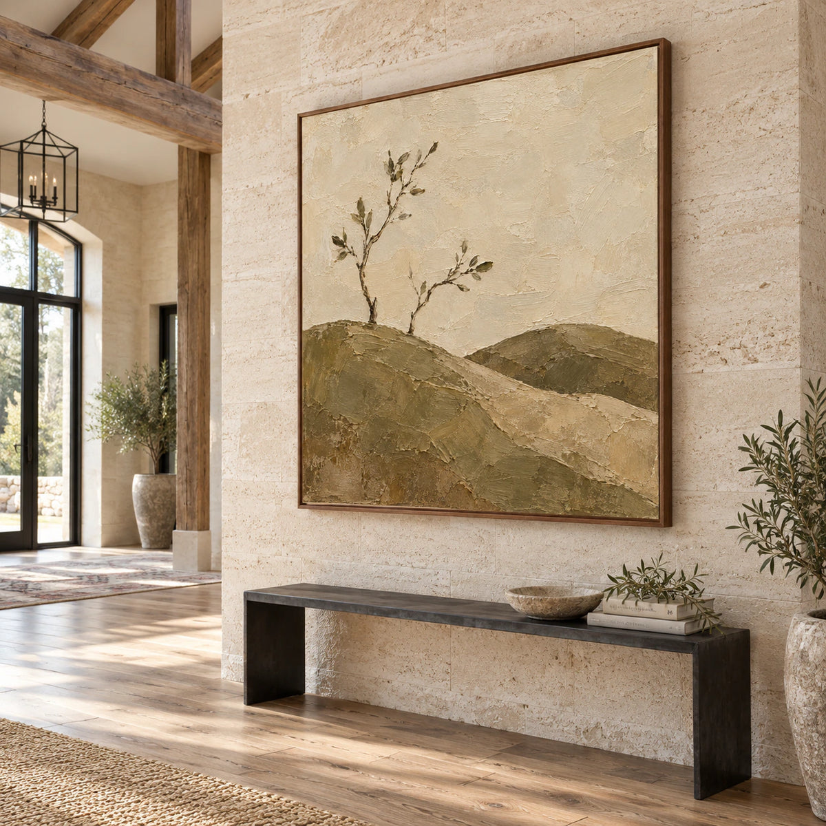 Large square abstract landscape painting in a gallery-scale daylight foyer.