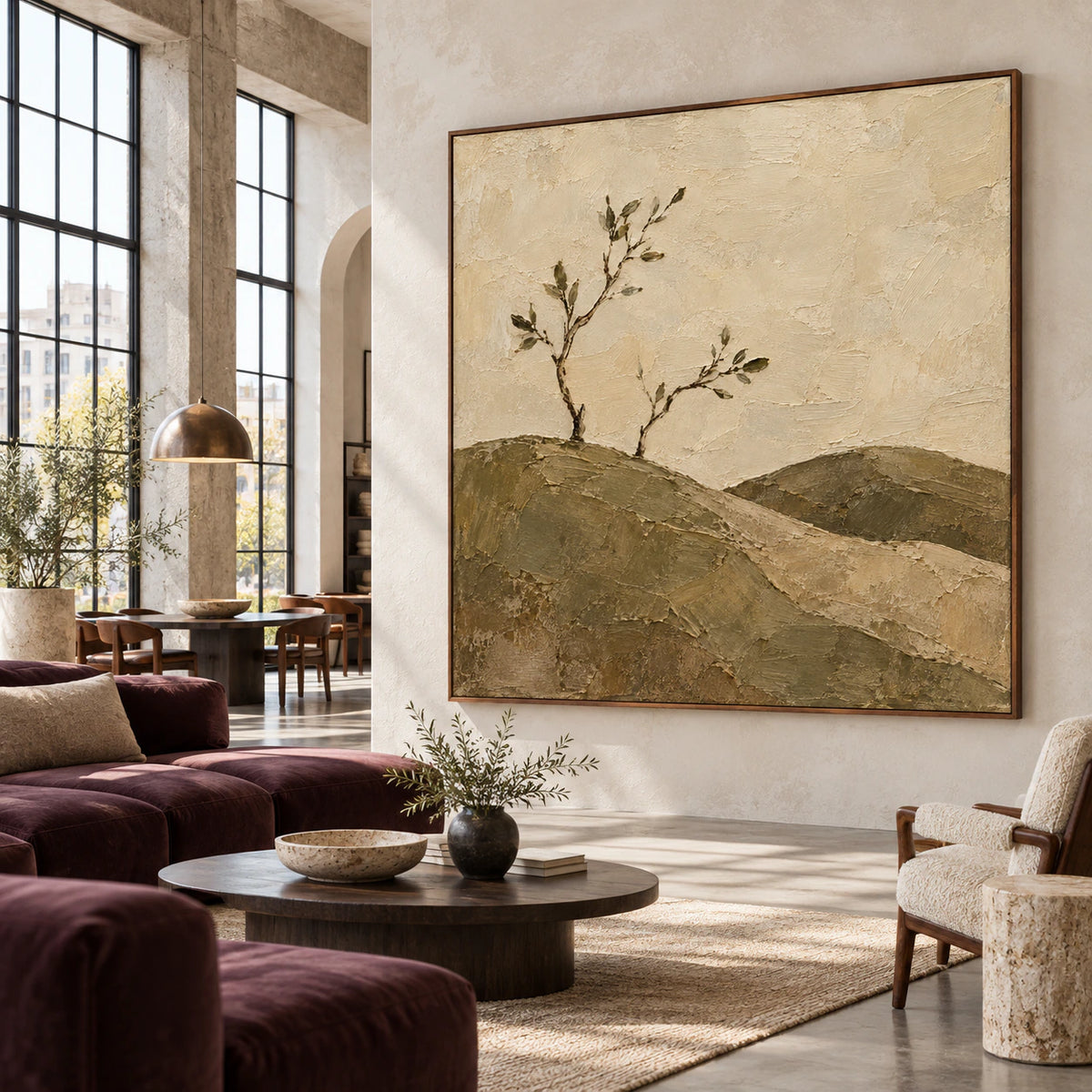 Olive and ivory textured landscape painting as the focal point of an expansive loft hospitality interior.