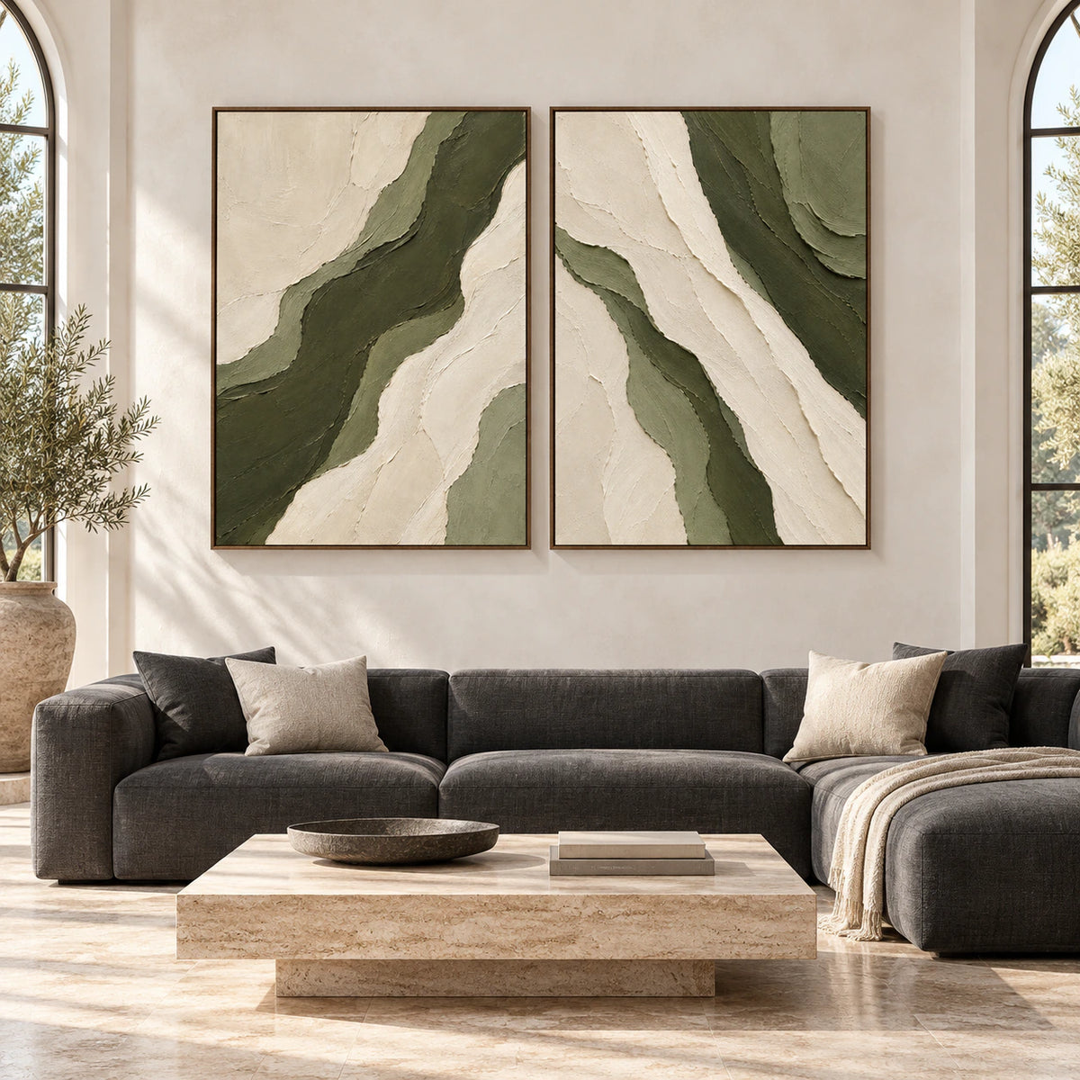 Olive-Current diptych in slim walnut frames, shown large and straight-on in a bright spacious room.
