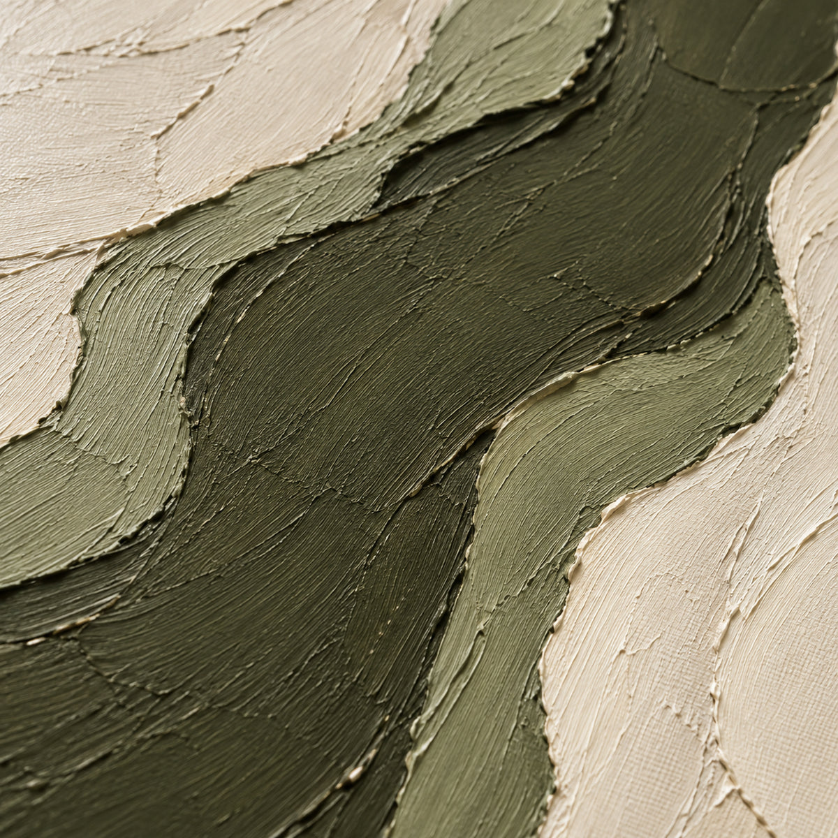 Olive-Current oil painting brushwork and impasto detail photographed from an oblique side angle