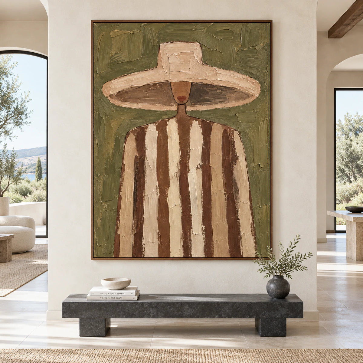 Large vertical Olive-Emissary painting shown straight-on above a low stone bench in a bright, expansive gallery living space.