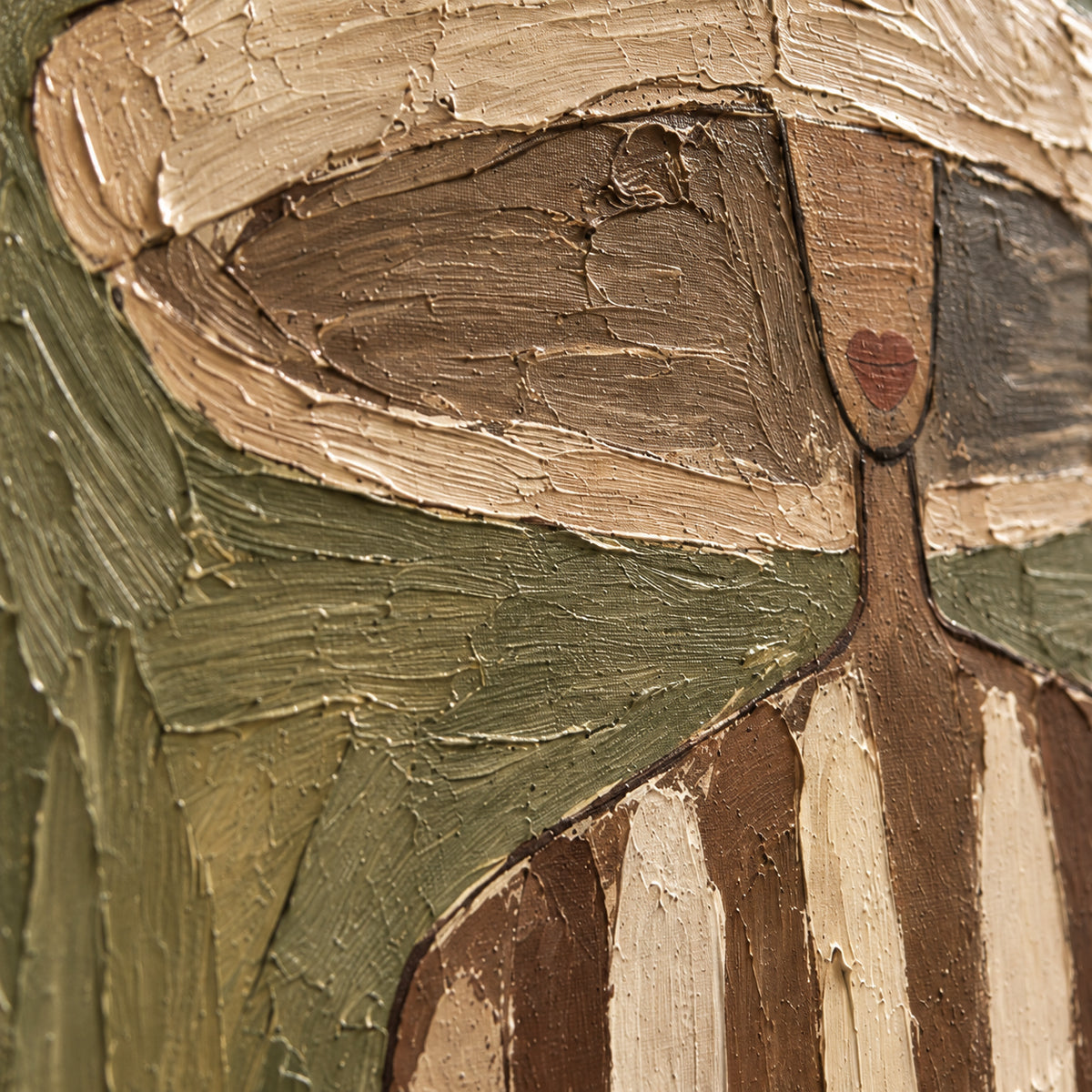 Olive-Emissary oil painting brushwork and impasto detail photographed from an oblique side angle