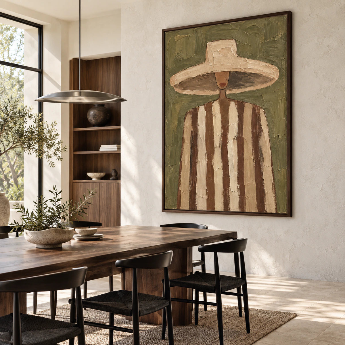 Olive-Emissary displayed prominently in a refined daylight dining room with sculptural wood furniture.