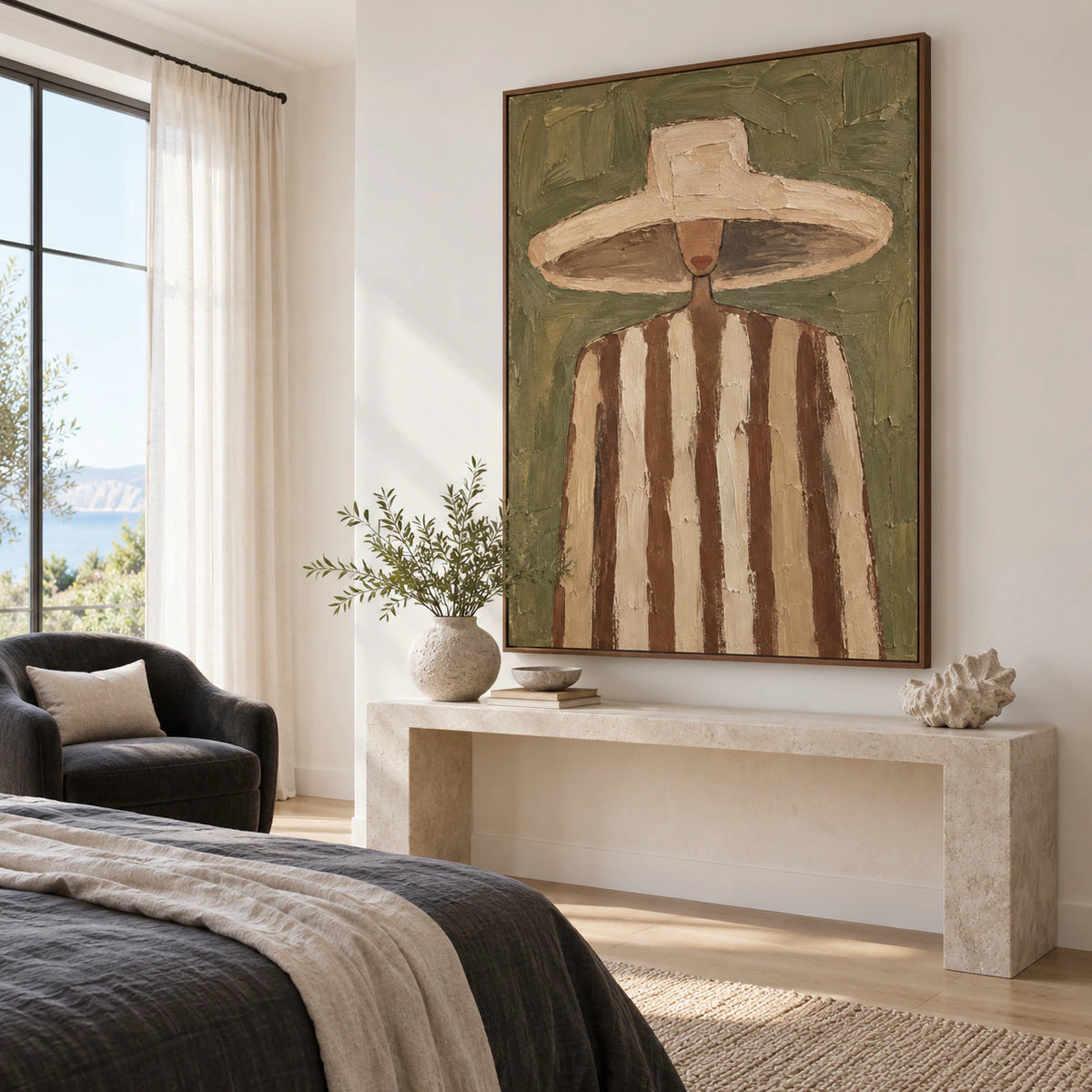 Olive-Emissary above a quiet bedroom console in a sunlit, softly architectural bedroom.