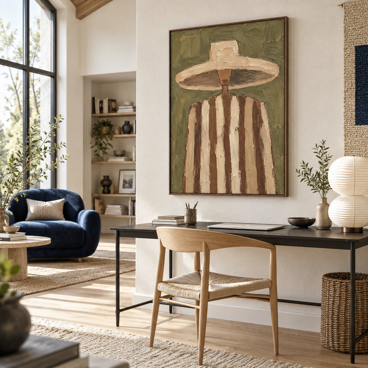 Olive-Emissary as the main artwork in an airy reading and home-office space with daylight and clean lines.