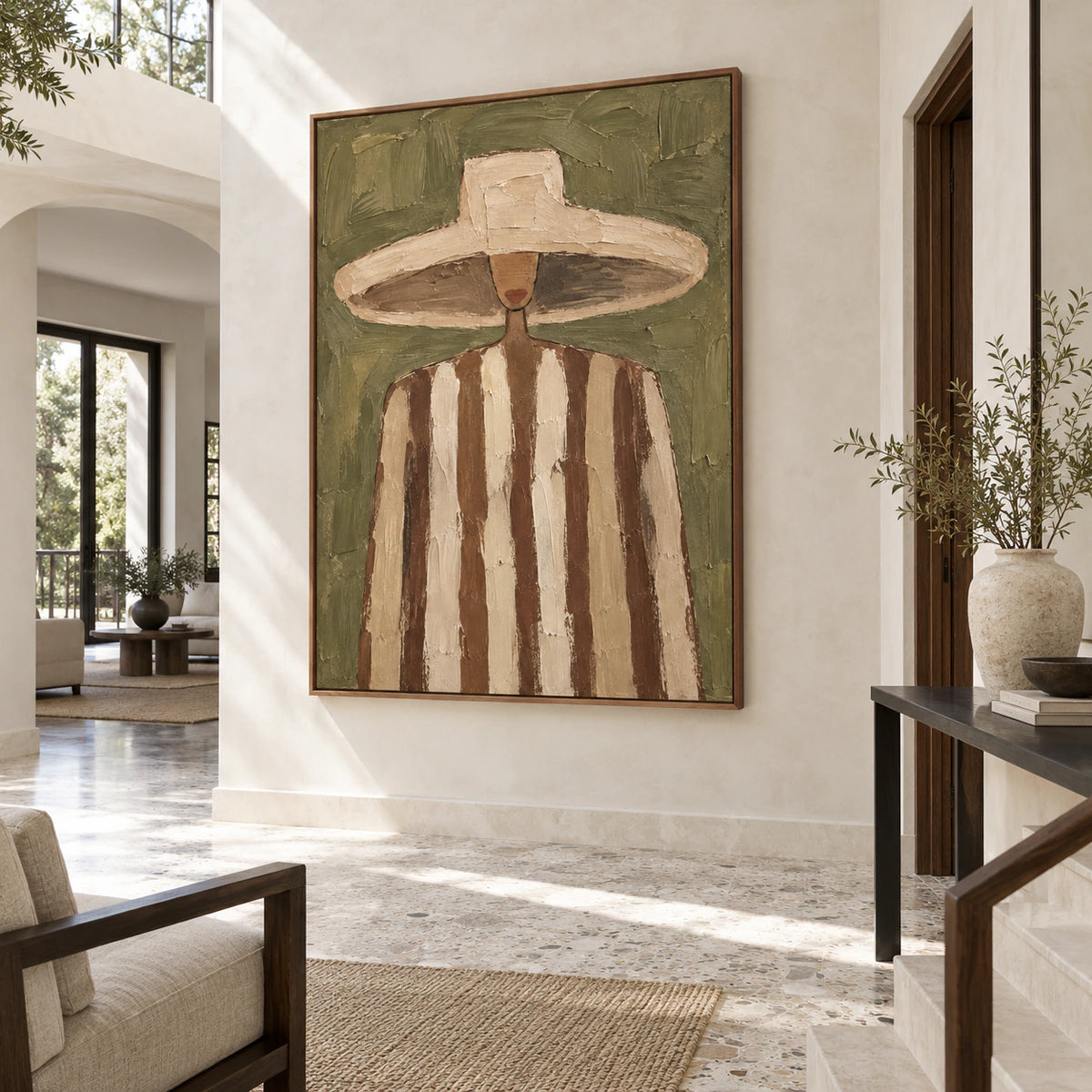 Olive-Emissary at gallery scale in a bright stone foyer with a long view through the interior.