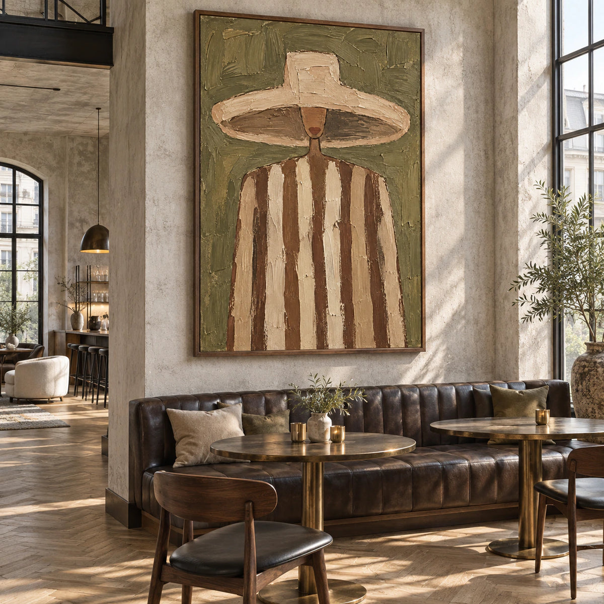 Olive-Emissary featured at large scale in an open, sunlit loft hospitality interior.