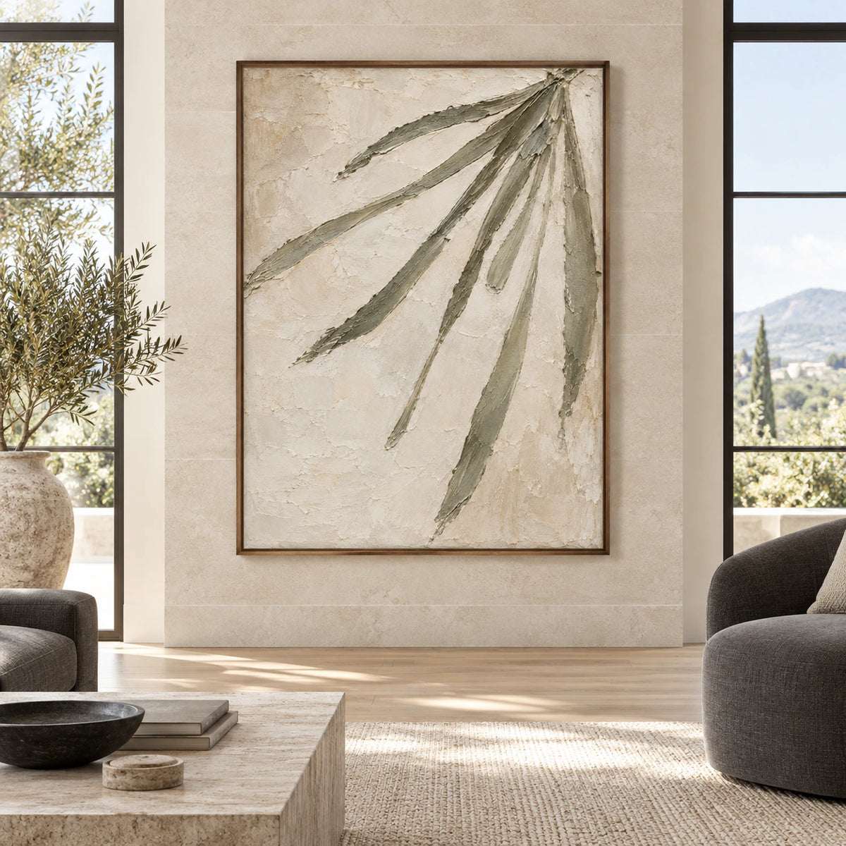 Large Olive-Frond artwork shown straight-on in a spacious sunlit interior.