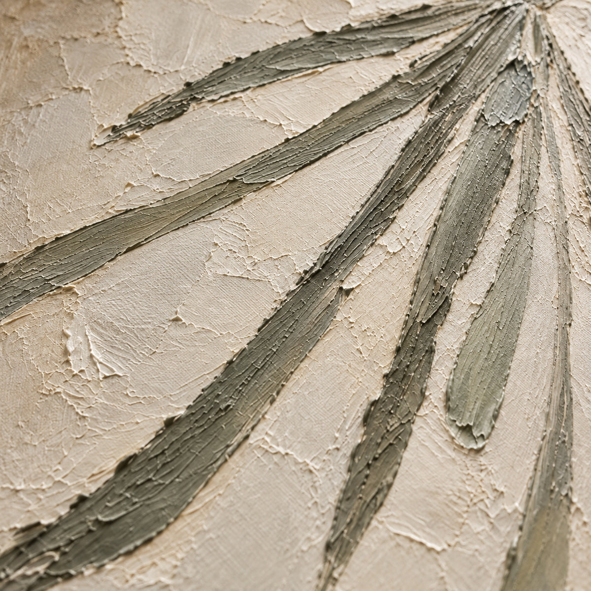 Olive-Frond oil painting brushwork and impasto detail photographed from an oblique side angle