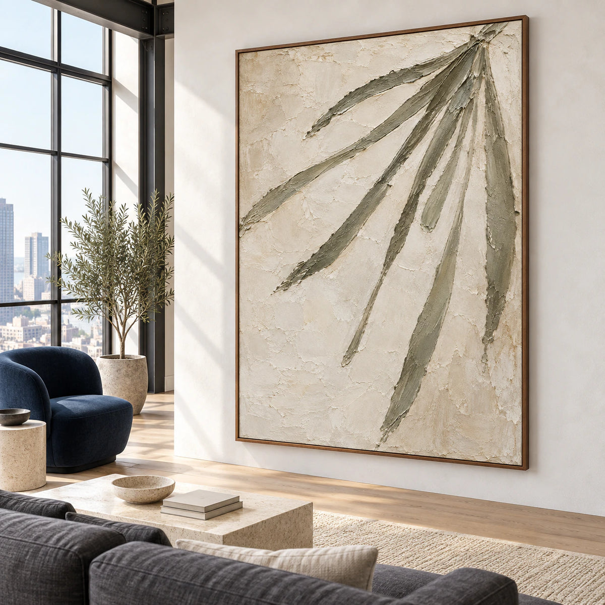 Olive-Frond as a large focal artwork in a bright contemporary living room.