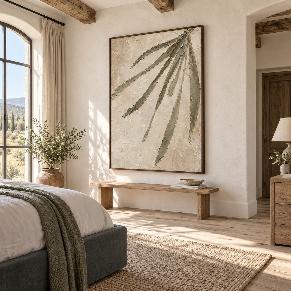 Olive-Frond bringing quiet texture to a softly lit bedroom.