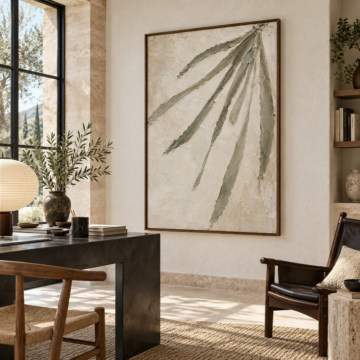 Olive-Frond featured in an airy home office reading space.