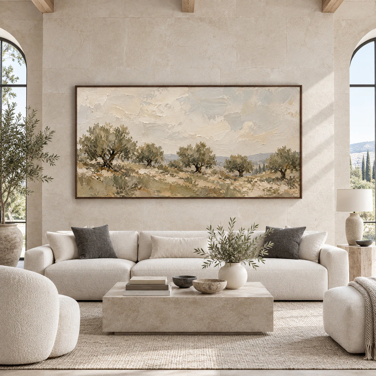 Olive-Quiet displayed at large scale, straight-on in a bright architectural living space.