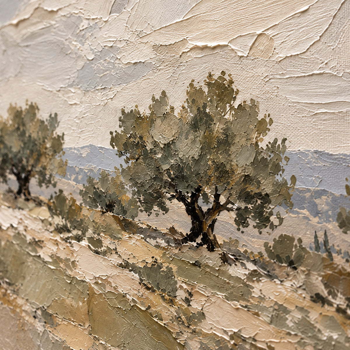 Olive-Quiet oil painting brushwork and impasto detail photographed from an oblique side angle