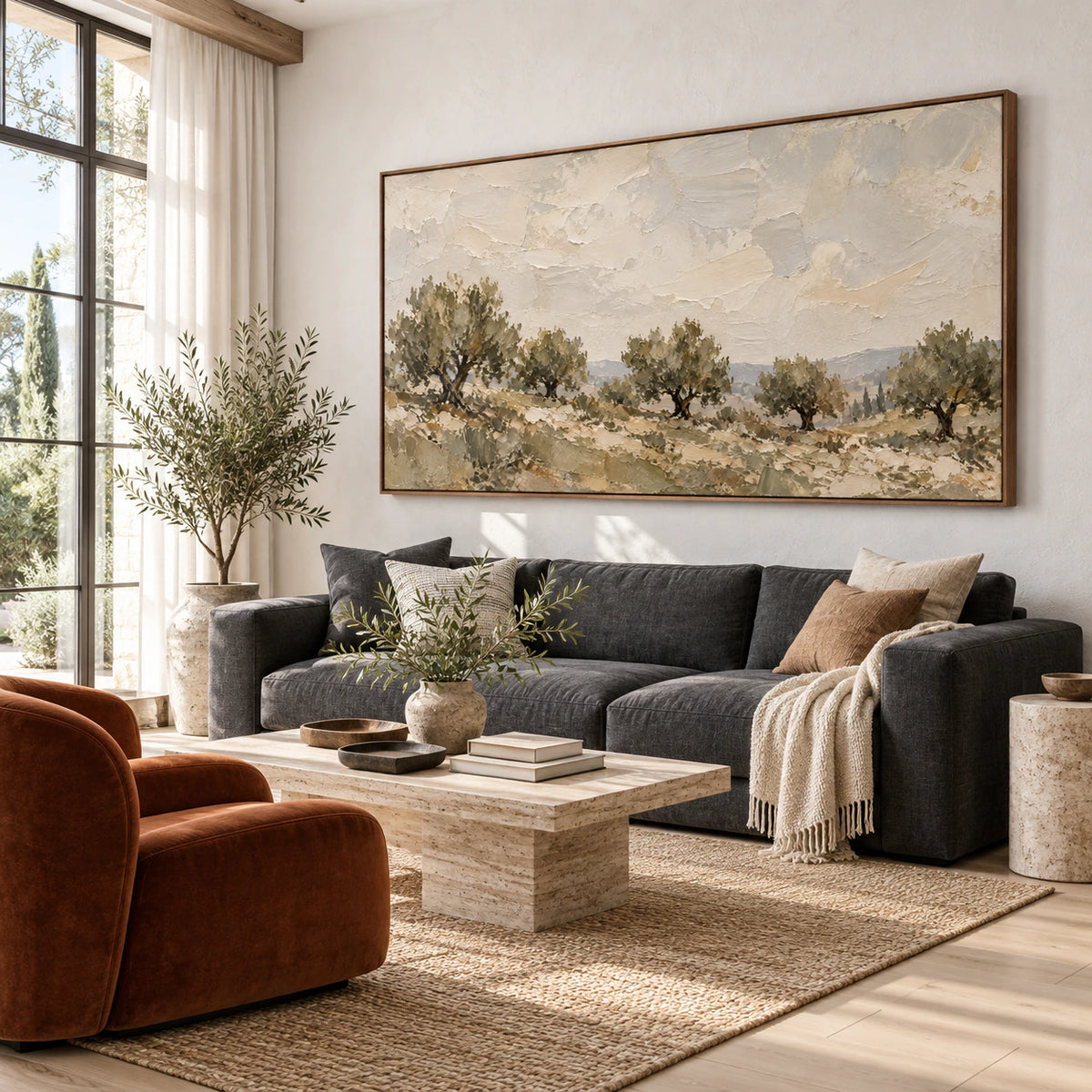 Olive-Quiet above a restrained sofa in a bright contemporary living room.
