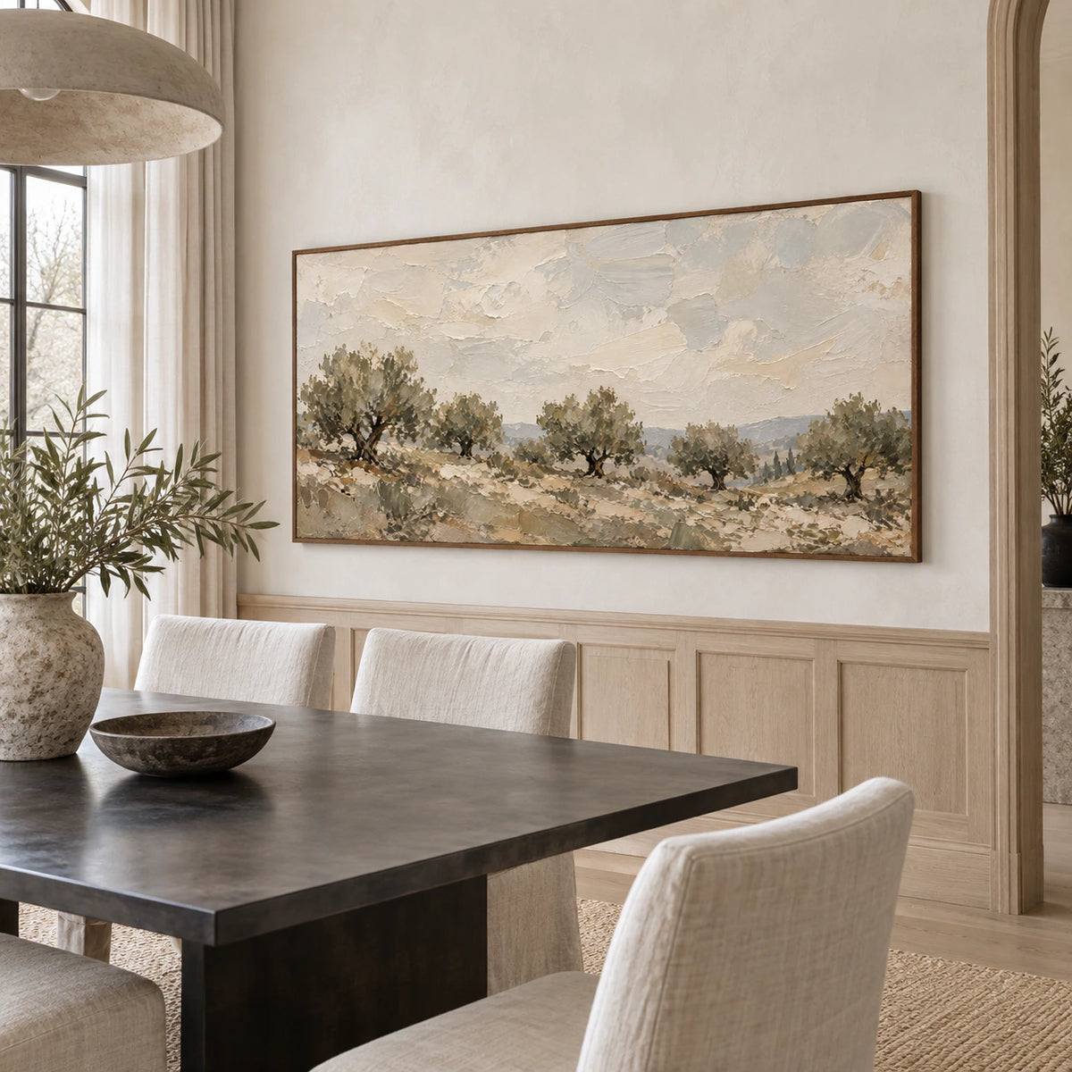 Olive-Quiet as the focal artwork in a refined daylight dining room.