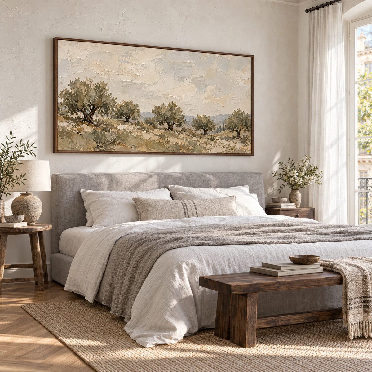 Olive-Quiet above a low bed in a quiet, softly lit bedroom.