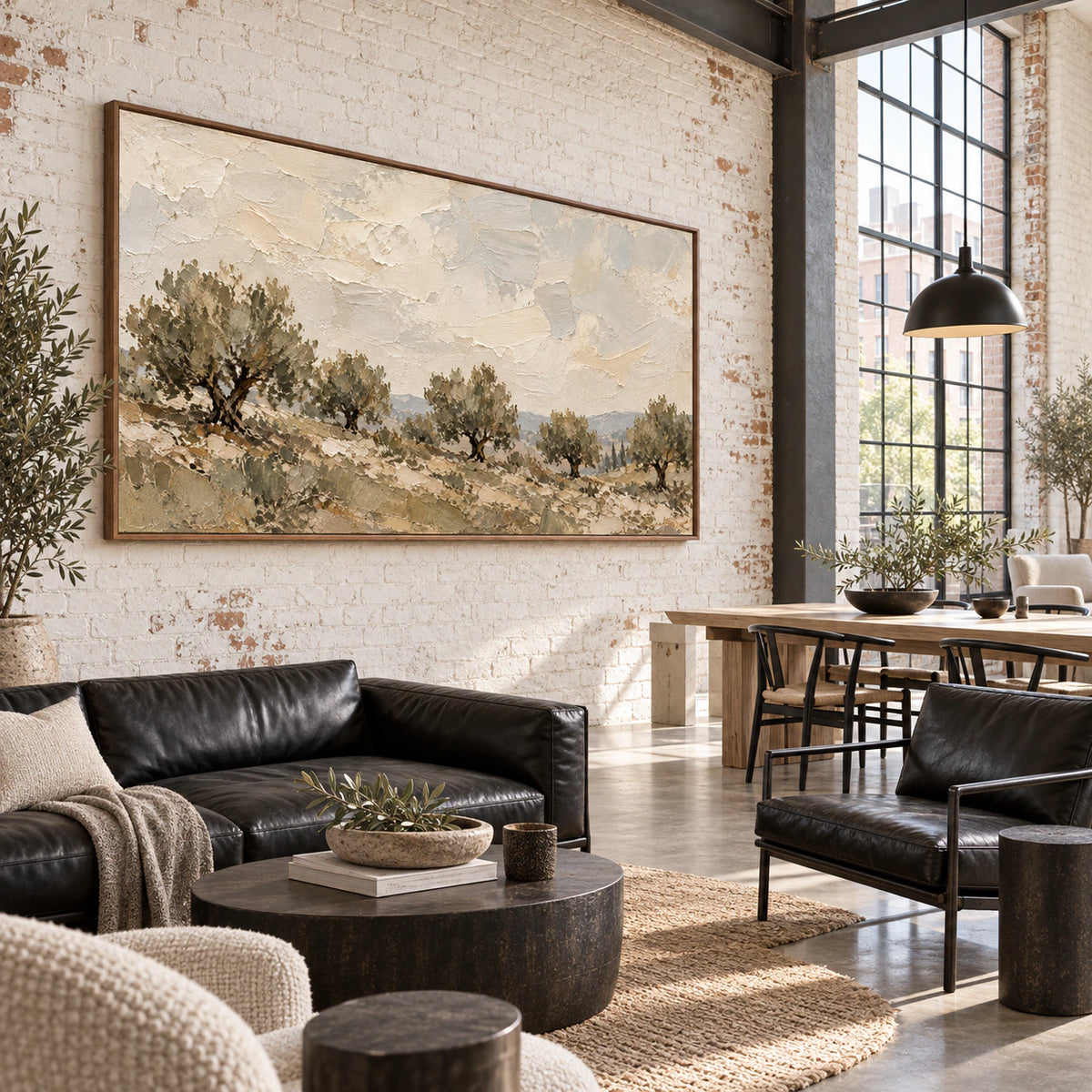 Olive-Quiet as a large focal work in an expansive loft hospitality interior.