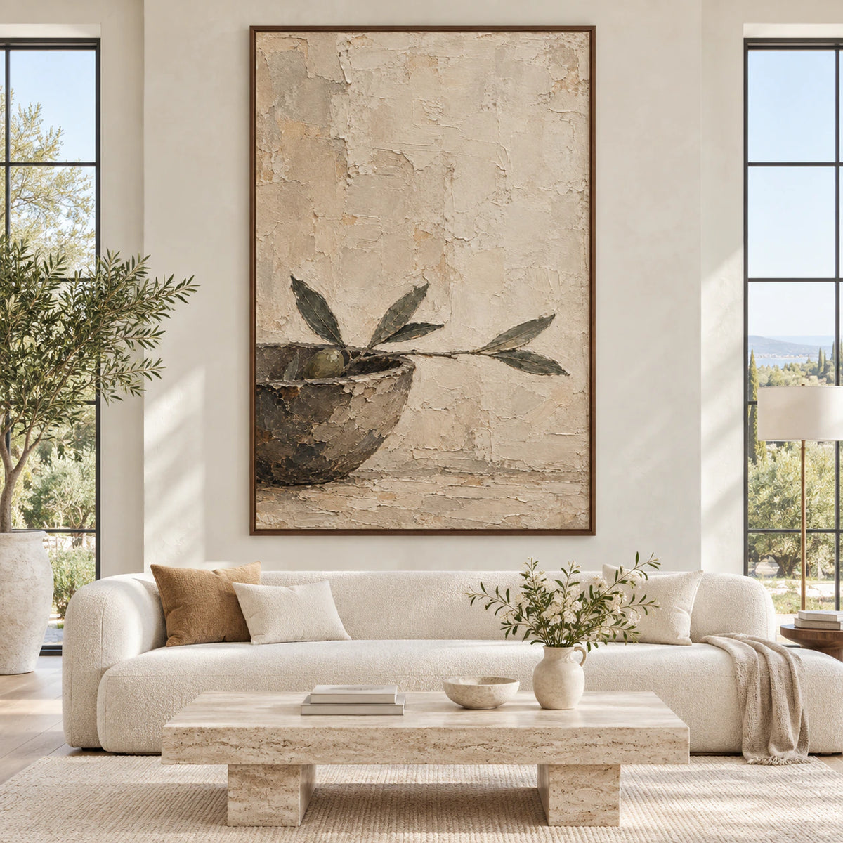 Large vertical olive branch textured painting displayed straight-on in a spacious architectural living room.