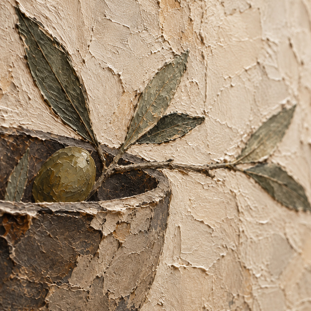 Olive-Relic oil painting brushwork and impasto detail photographed from an oblique side angle