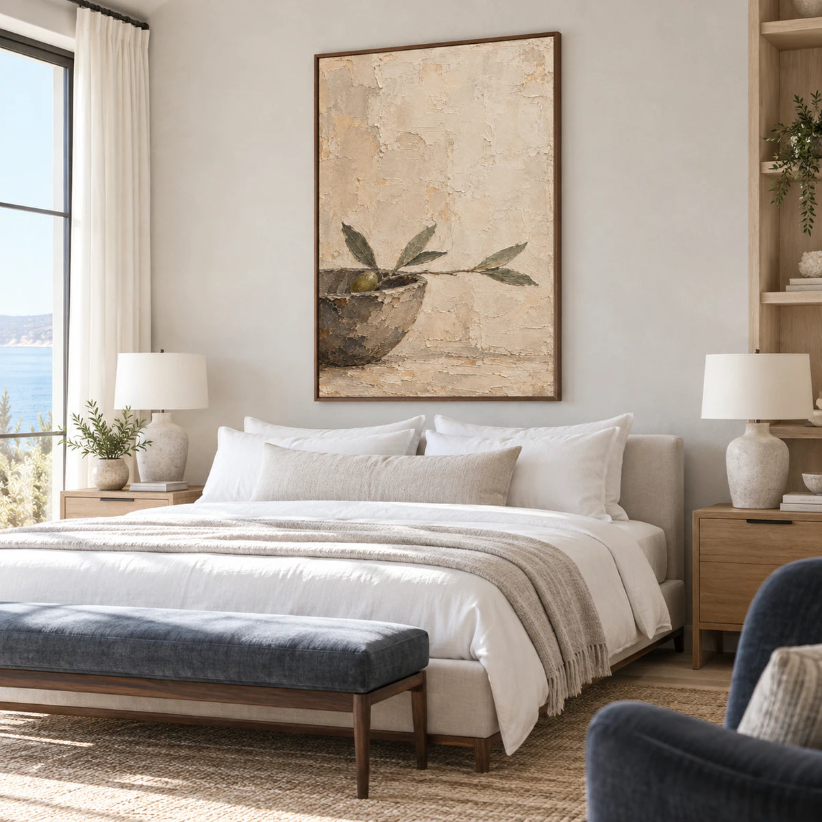 Vertical botanical textured painting in a calm bedroom with soft natural daylight.