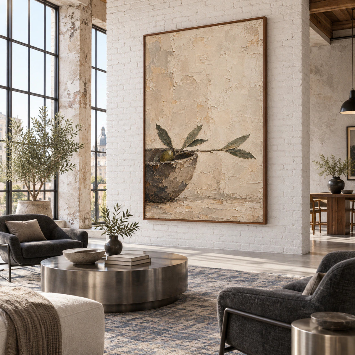Textured botanical painting in an expansive daylight-filled loft hospitality interior.