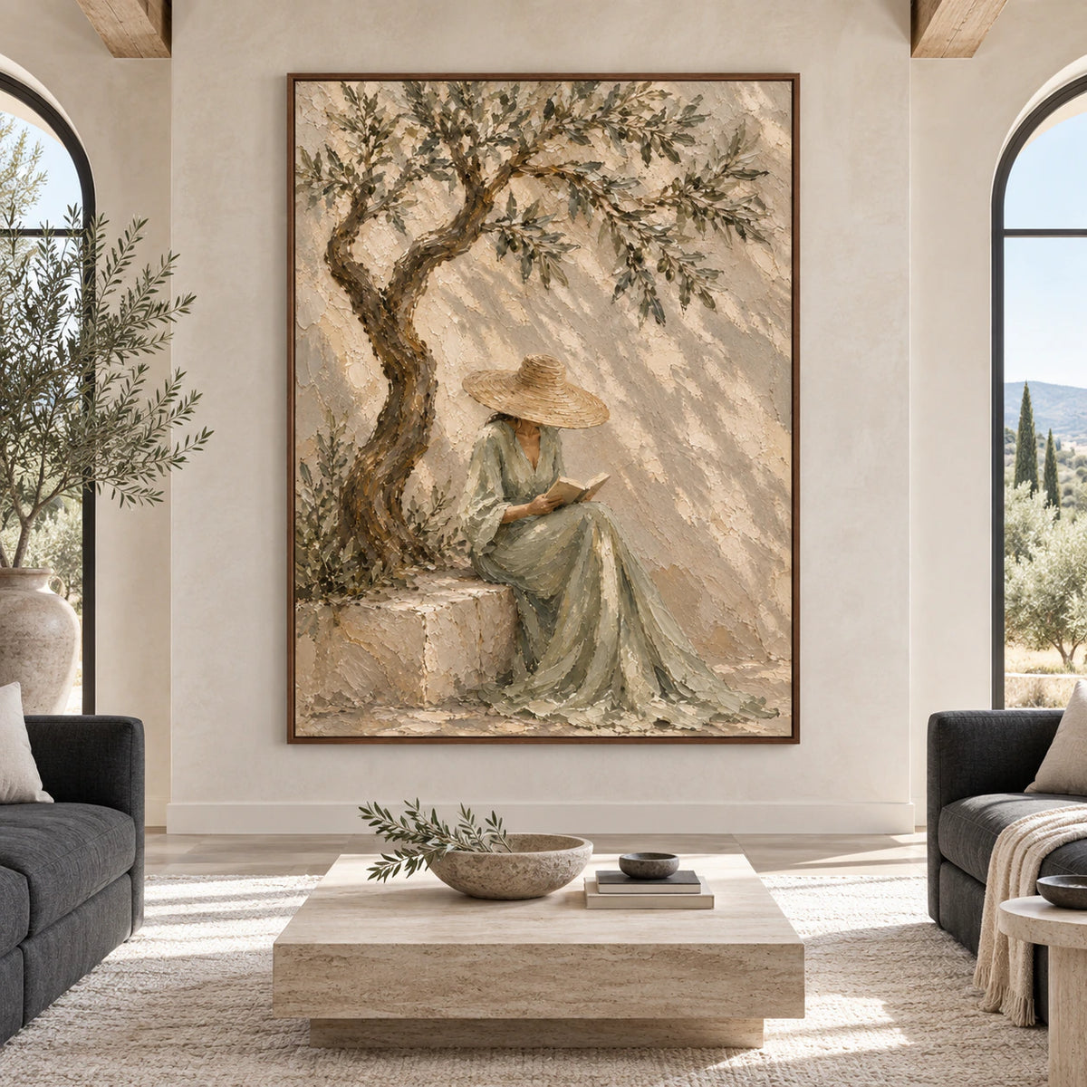 Olive-Repose displayed large and straight-on in a bright, expansive architectural living space.