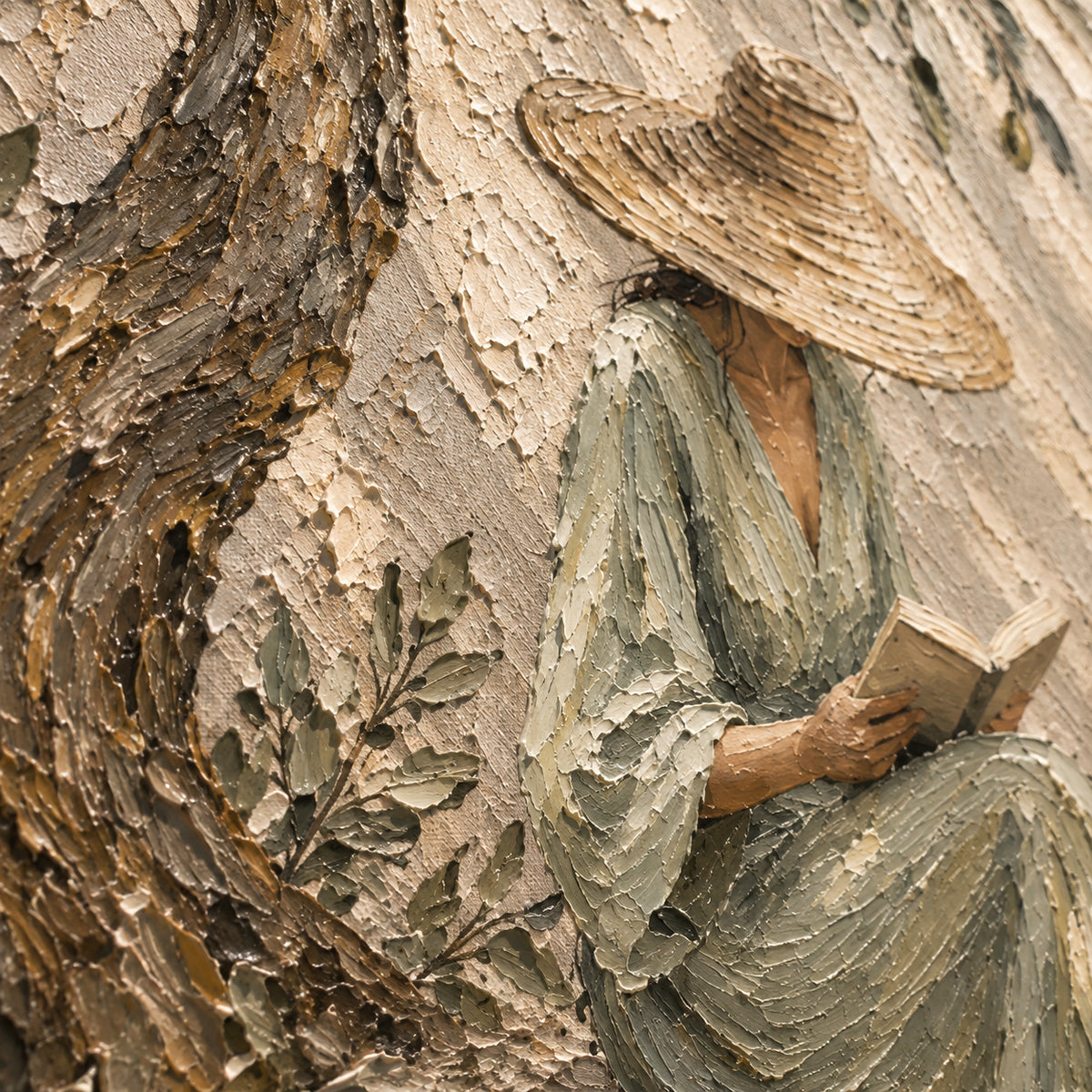 Olive-Repose oil painting brushwork and impasto detail photographed from an oblique side angle