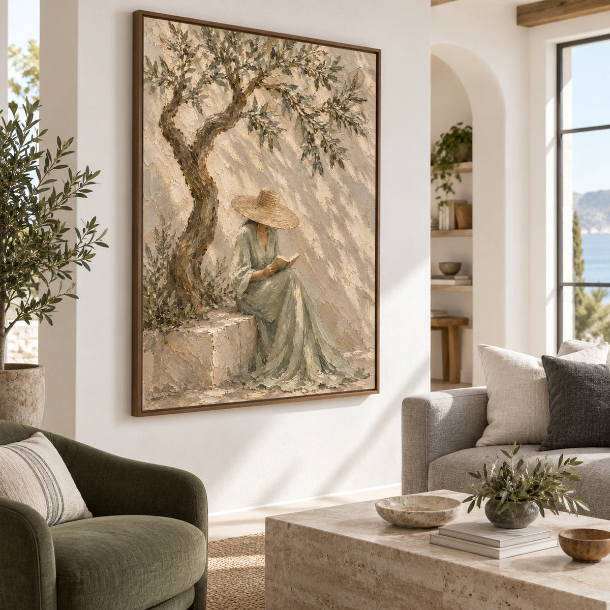 Olive-Repose as the focal artwork in a bright contemporary living room.