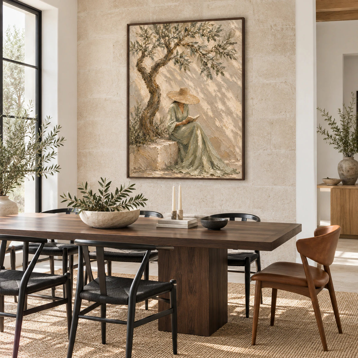Olive-Repose above a refined dining setting with natural daylight.