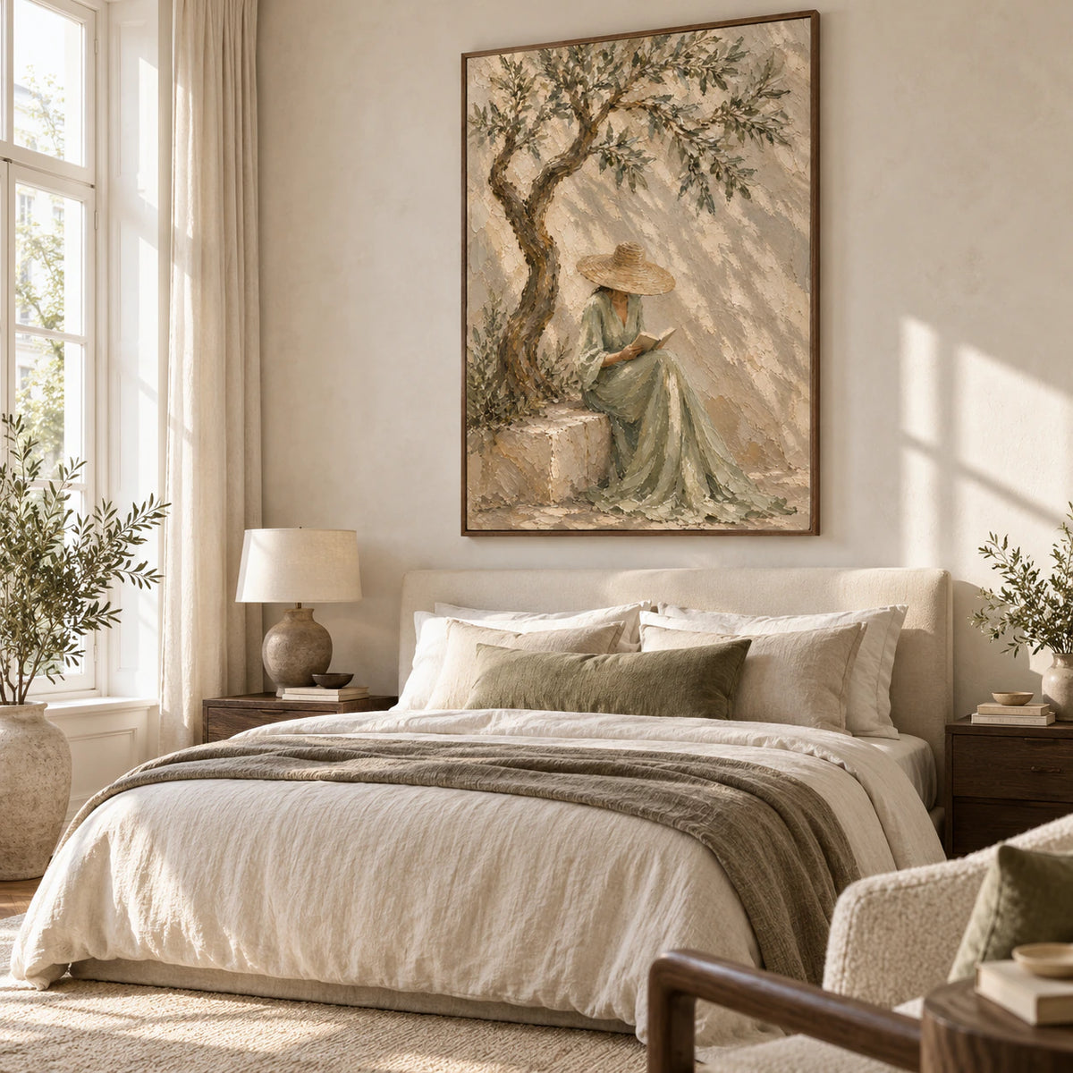 Olive-Repose bringing quiet texture to a serene bedroom.