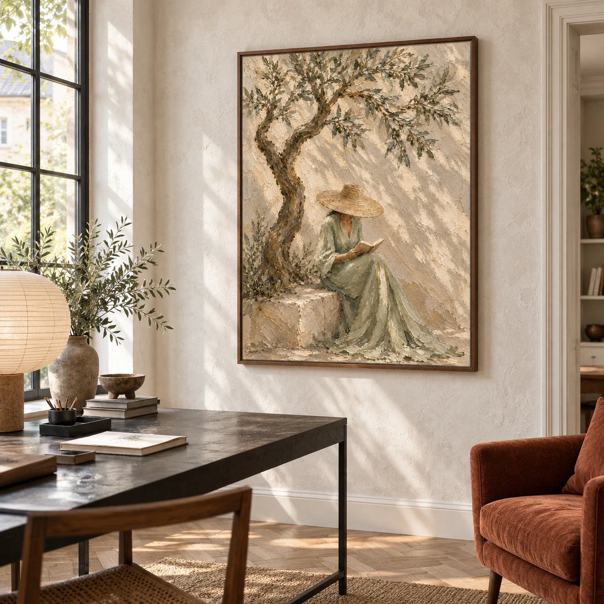 Olive-Repose featured in an airy home office reading space.
