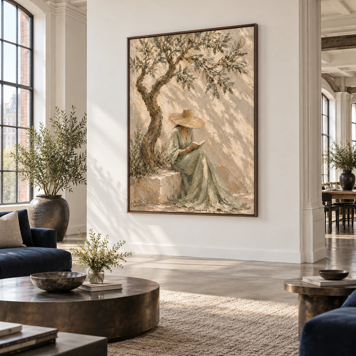 Olive-Repose anchoring an open hospitality loft interior.