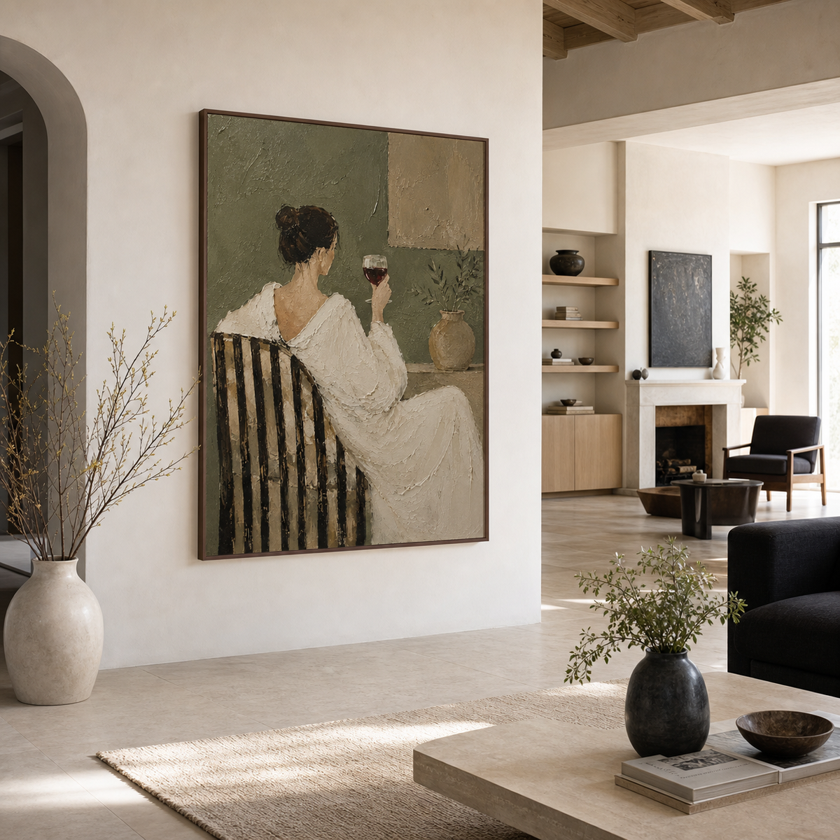 Large-scale Olive-Reverie artwork presented straight-on in a bright, expansive neutral interior.