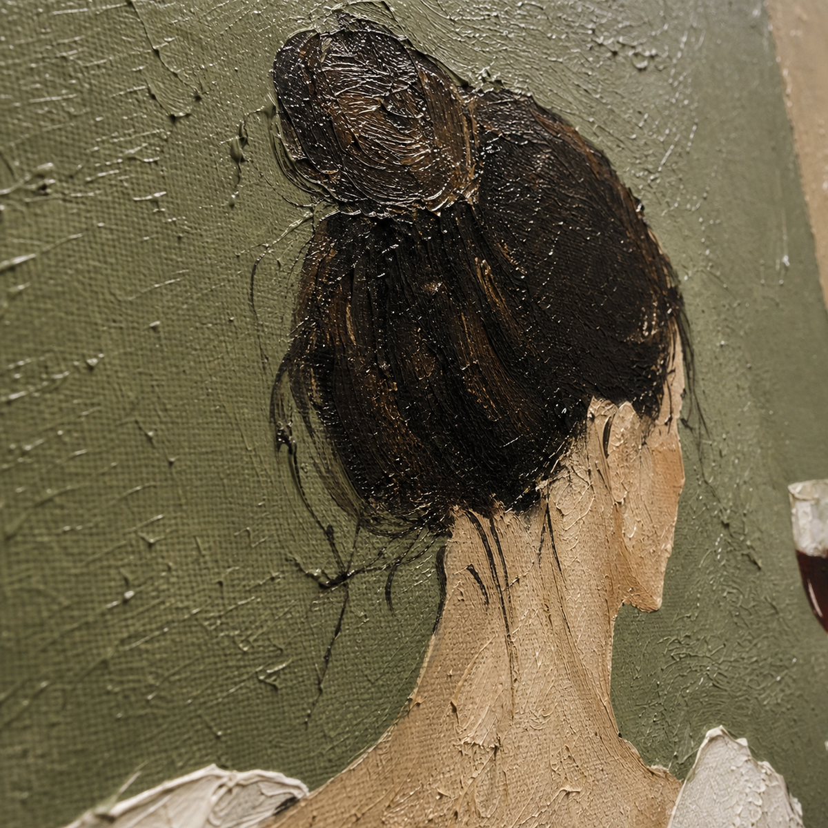 Close full-artwork view revealing the raised ridges and tactile marks across the figure, chair and olive background.