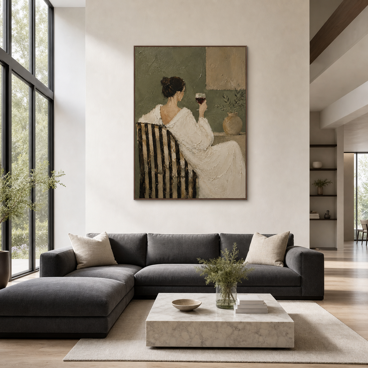 Olive-Reverie displayed prominently above contrasting seating in a bright, open living room.