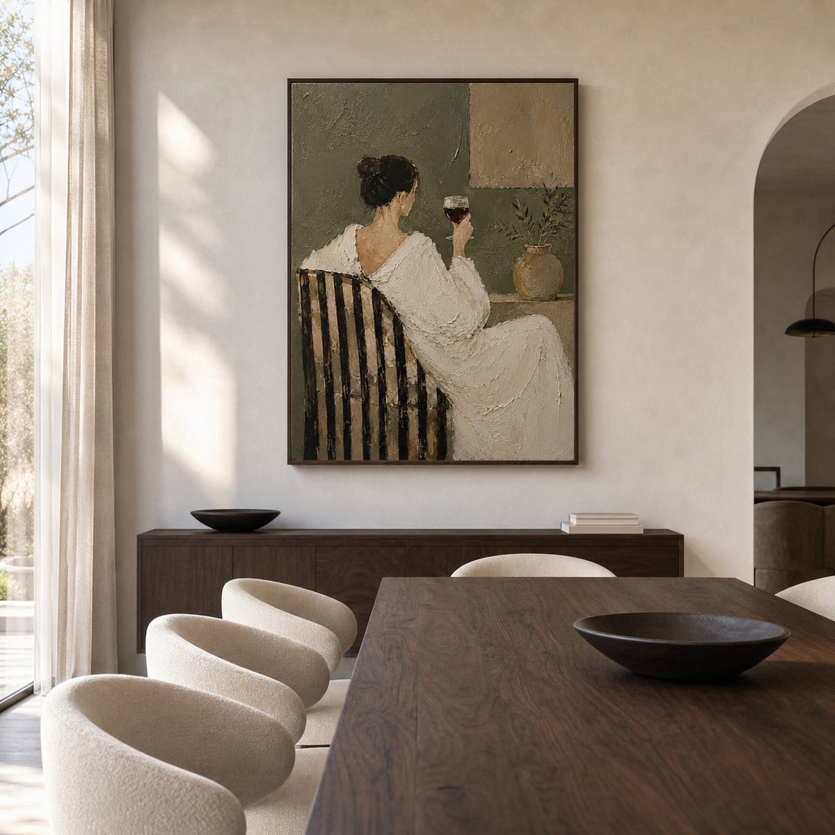 Large Olive-Reverie artwork anchoring a refined dining room with restrained neutral furnishings.
