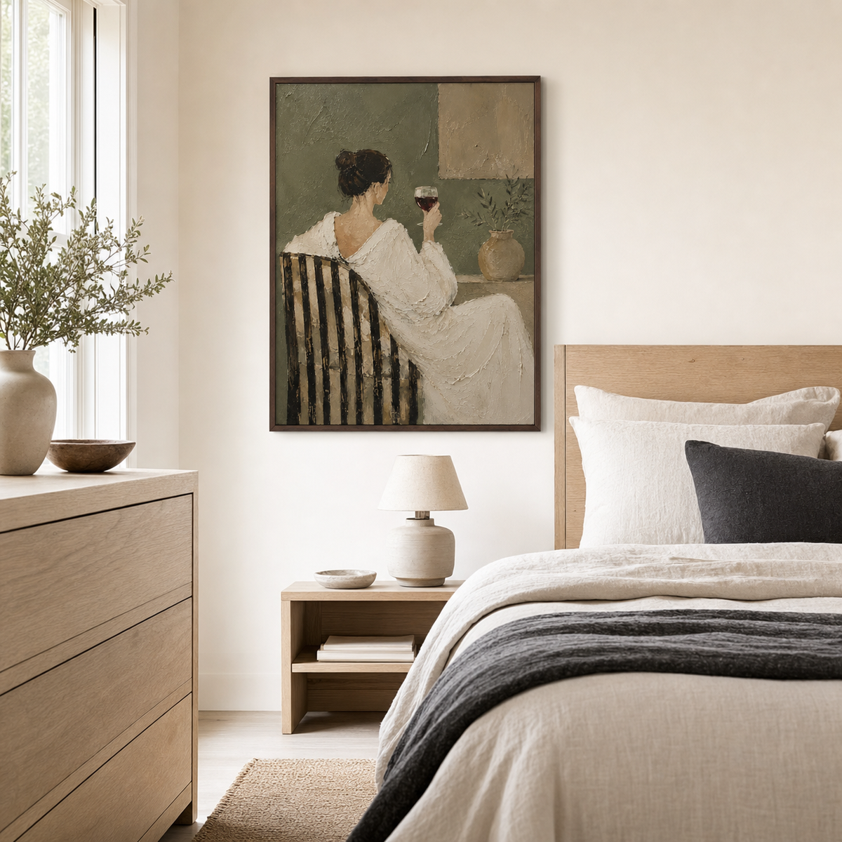 Olive-Reverie creating a quiet focal point in an airy bedroom with soft natural daylight.