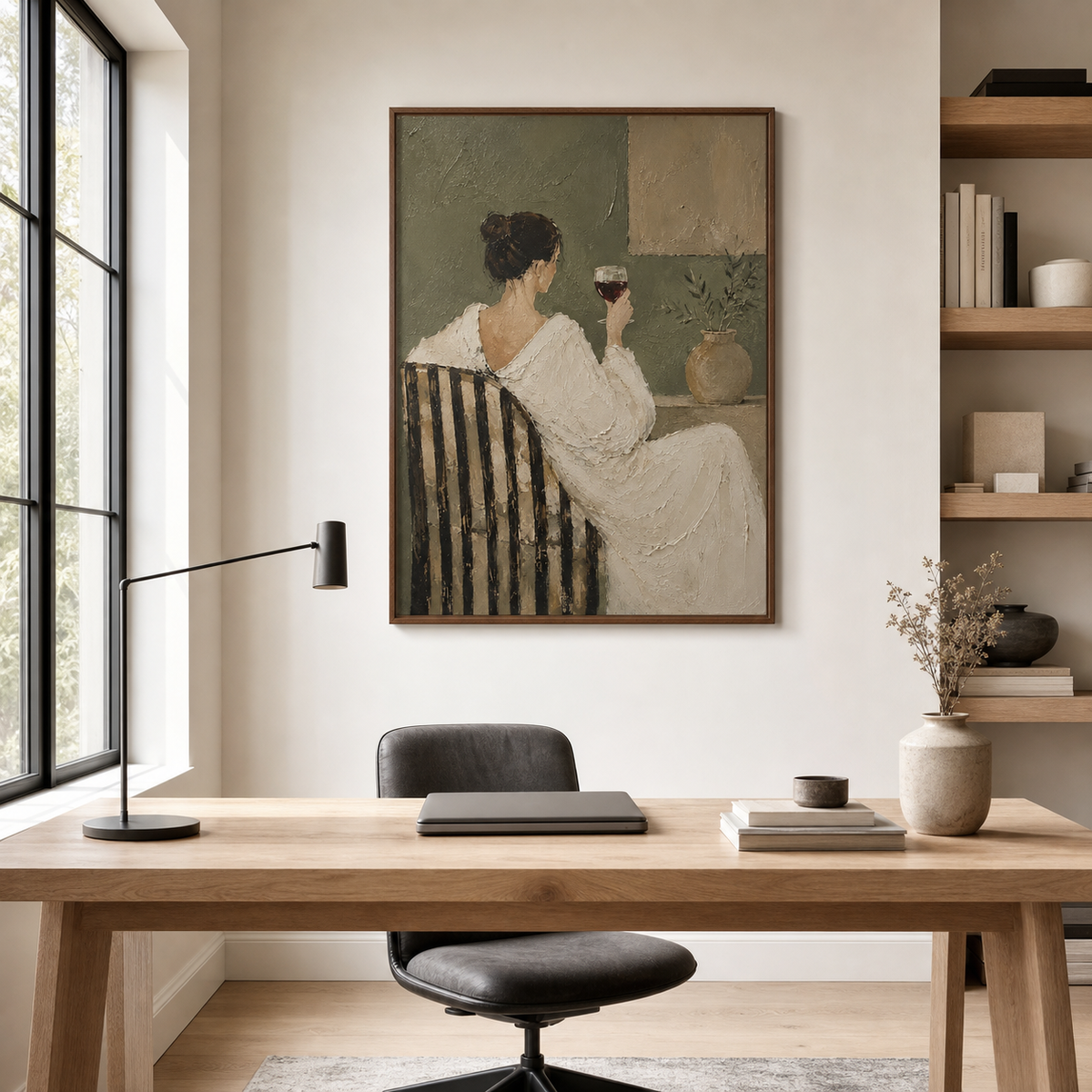 Prominent Olive-Reverie artwork in a bright home reading space with pale wood and charcoal accents.