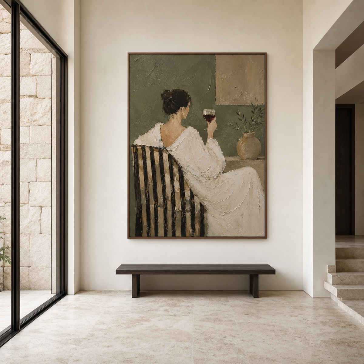 Gallery-scale Olive-Reverie artwork commanding a spacious, naturally lit foyer.