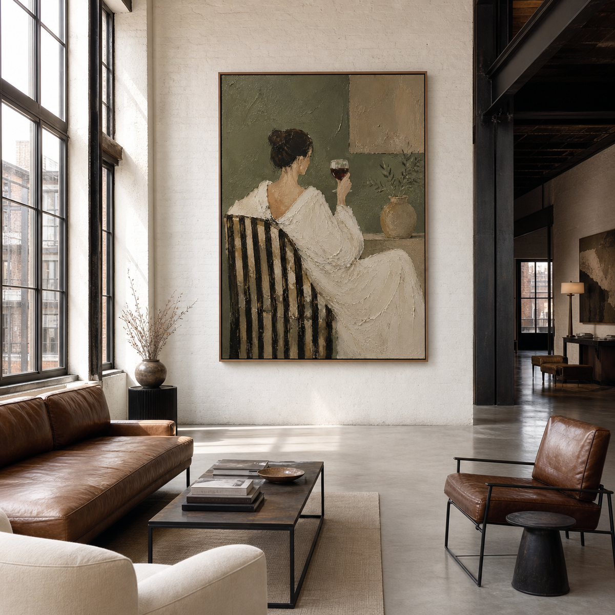 Oversized Olive-Reverie artwork featured in an expansive daylight-filled hospitality loft.