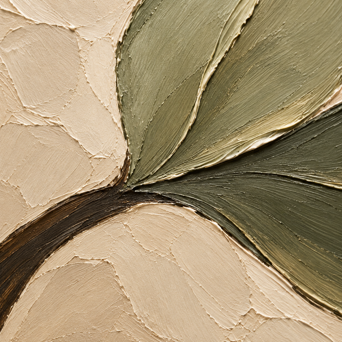 Close oblique detail of the Olive-Sweep oil painting, with directional light revealing raised paint, brushwork and shallow surface shadows.