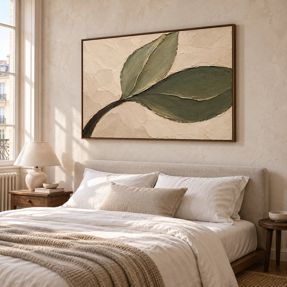 Olive-Sweep painting above an upholstered bed with crisp linen in a bright, minimally furnished bedroom, viewed from a slightly low angle on the left.