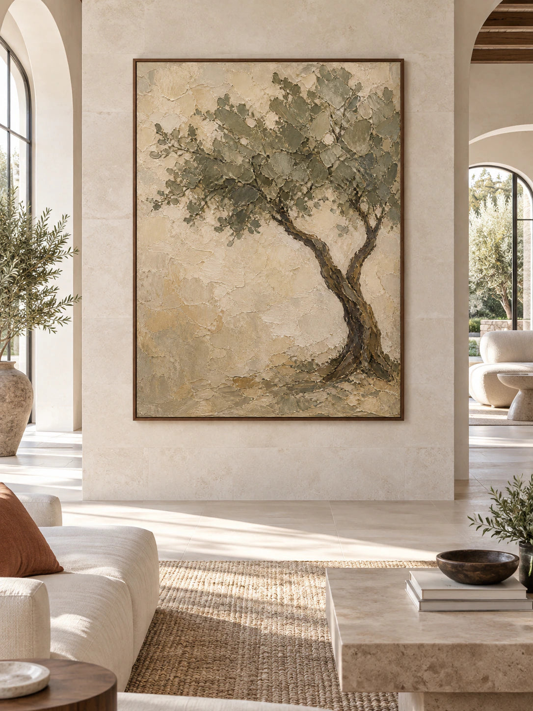 Large textured olive tree painting displayed straight-on in a spacious daylight-filled interior.