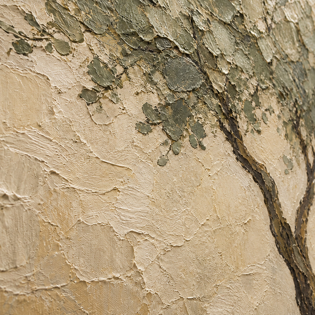 Olive-Threshold oil painting brushwork and impasto detail photographed from an oblique side angle